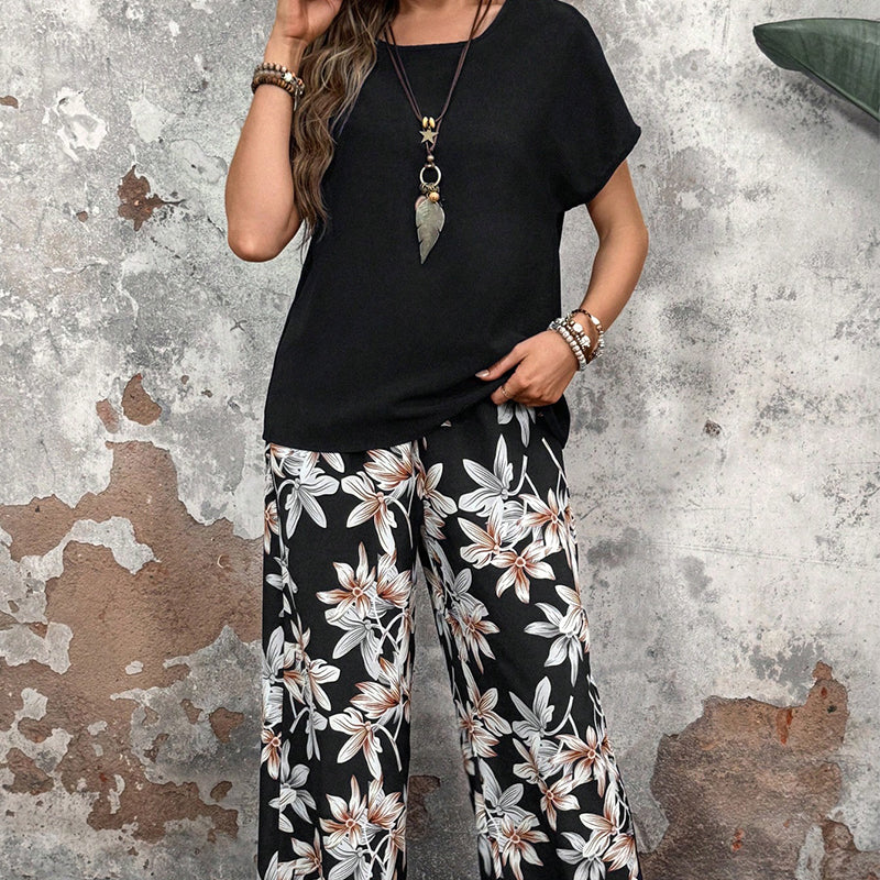 🌸 Conjunto casual de mujer con pantalón ancho y top de manga corta con estampado floral