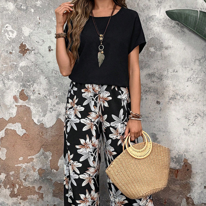 🌸 Conjunto casual de mujer con pantalón ancho y top de manga corta con estampado floral