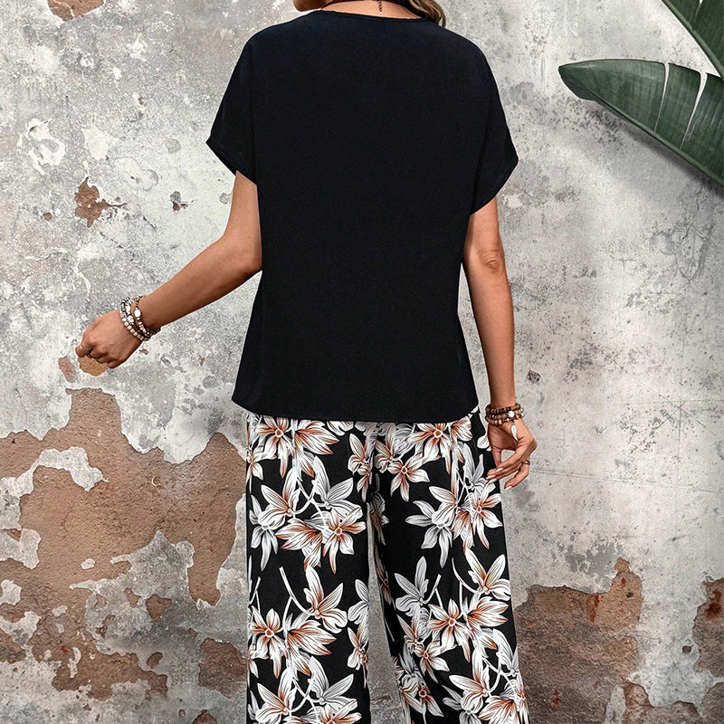 🌸 Conjunto casual de mujer con pantalón ancho y top de manga corta con estampado floral