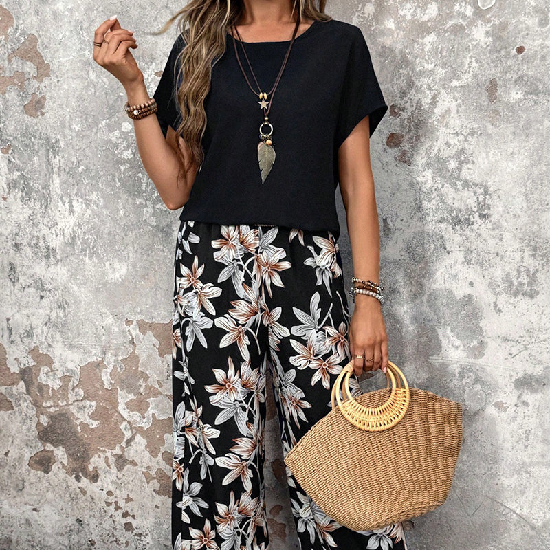 🌸 Conjunto casual de mujer con pantalón ancho y top de manga corta con estampado floral