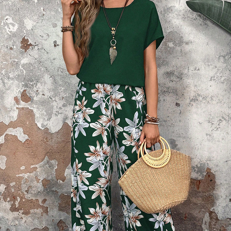 🌸 Conjunto casual de mujer con pantalón ancho y top de manga corta con estampado floral