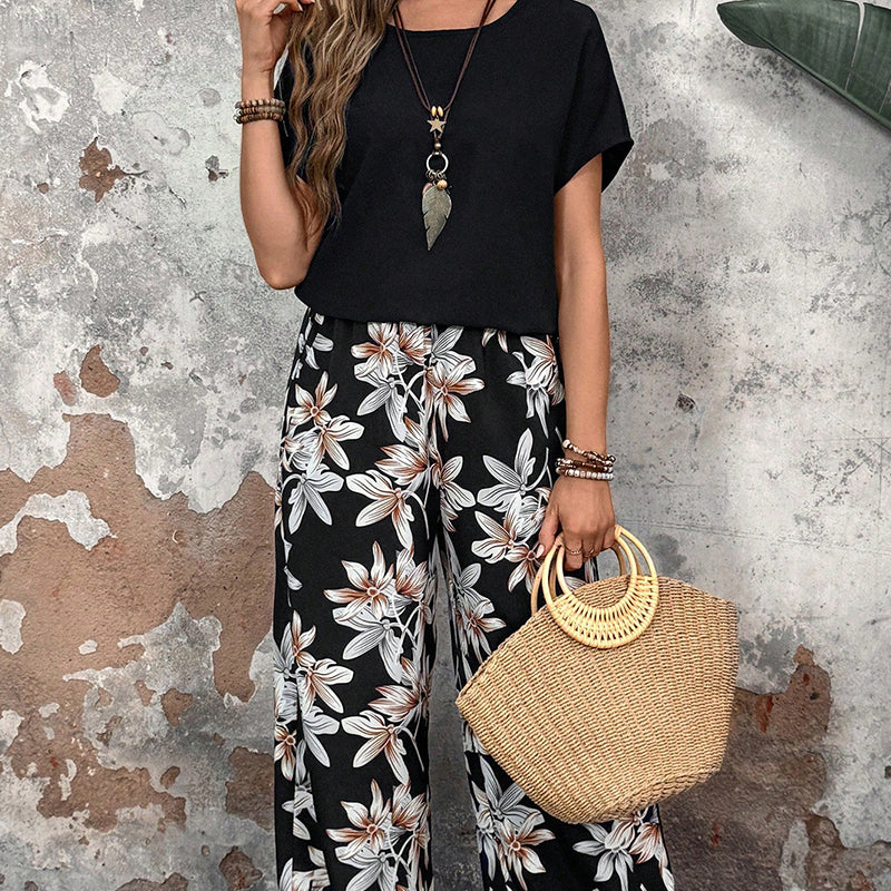🌸 Conjunto casual de mujer con pantalón ancho y top de manga corta con estampado floral
