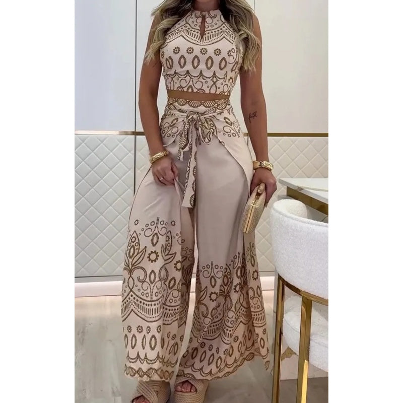🌺Novedades 2025: 50 % de descuento🌺Conjunto de top sin mangas con cuello halter étnico con estampado retro para mujer y pantalones de pierna ancha
