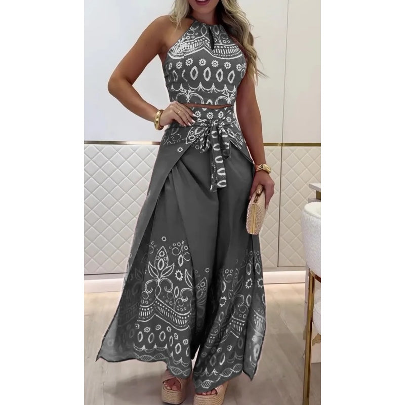 🌺Novedades 2025: 50 % de descuento🌺Conjunto de top sin mangas con cuello halter étnico con estampado retro para mujer y pantalones de pierna ancha
