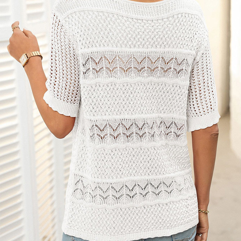 🌺Elegante. Transpirable. Versátil: tu prenda favorita de verano para cualquier ocasión.🌷Suéter de mujer de cuello redondo y manga corta con efecto calado y crochet.
