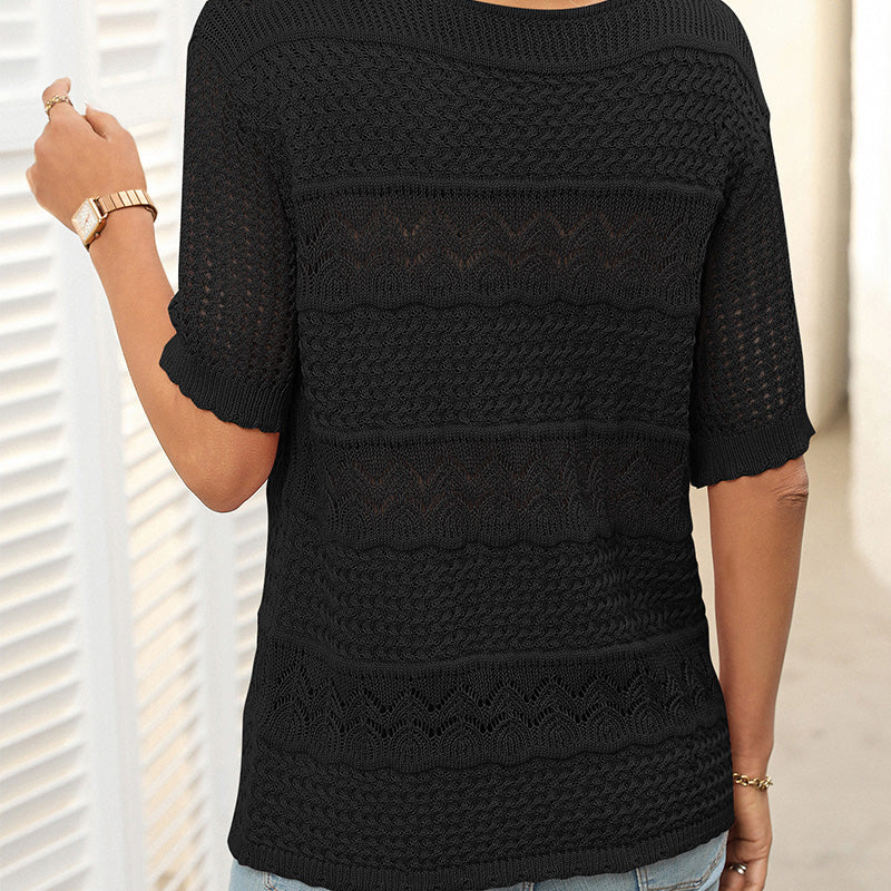 🌺Elegante. Transpirable. Versátil: tu prenda favorita de verano para cualquier ocasión.🌷Suéter de mujer de cuello redondo y manga corta con efecto calado y crochet.