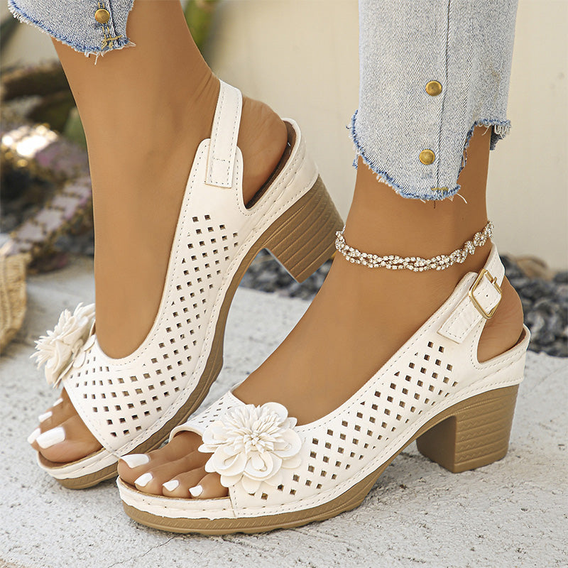 💖Sandalias casuales de mujer con vainica floral y tacón inclinado