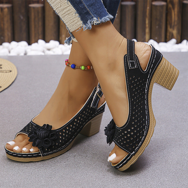 💖Sandalias casuales de mujer con vainica floral y tacón inclinado