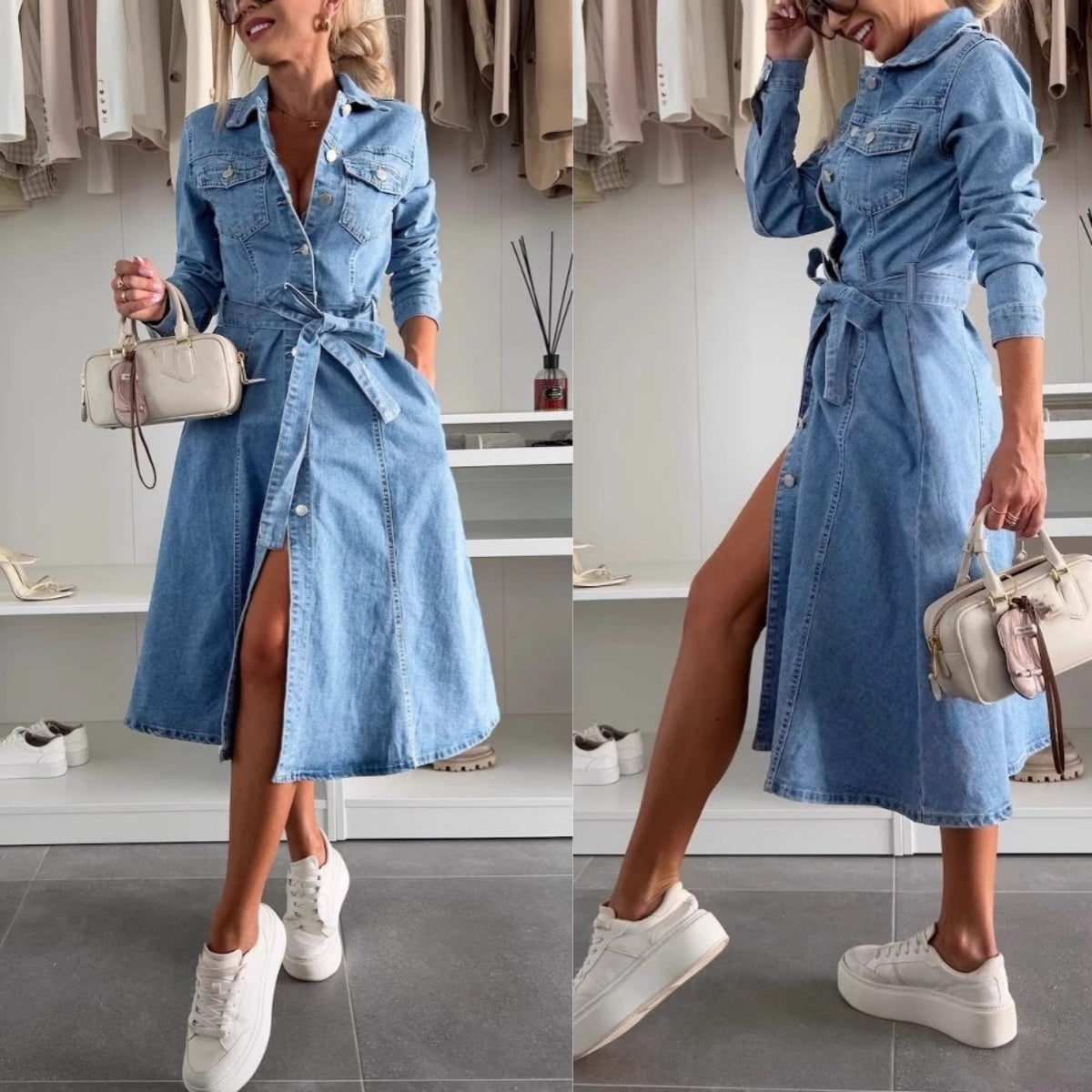 Vestido de jean para mujeres con una barra de botones y mangas largas