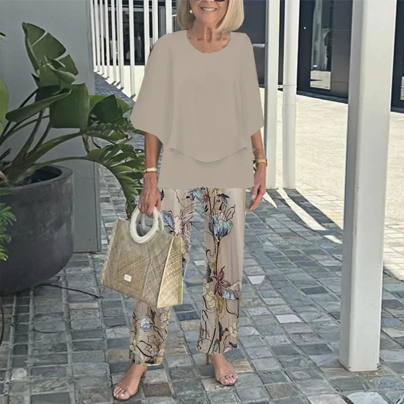 💃✨Conjunto de dos piezas para mujer: pantalón estampado y top de cuello redondo