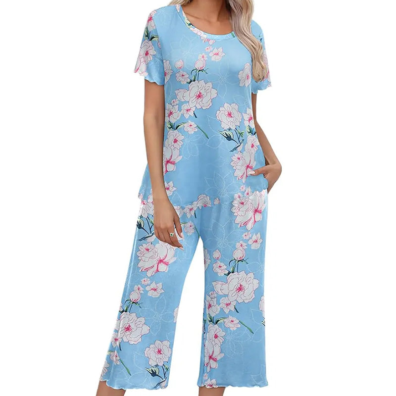 💐Siéntete bien con el esplendor floral: tu día a día, a tu estilo. Conjunto de pijama estampado para mujer con top y pantalón.