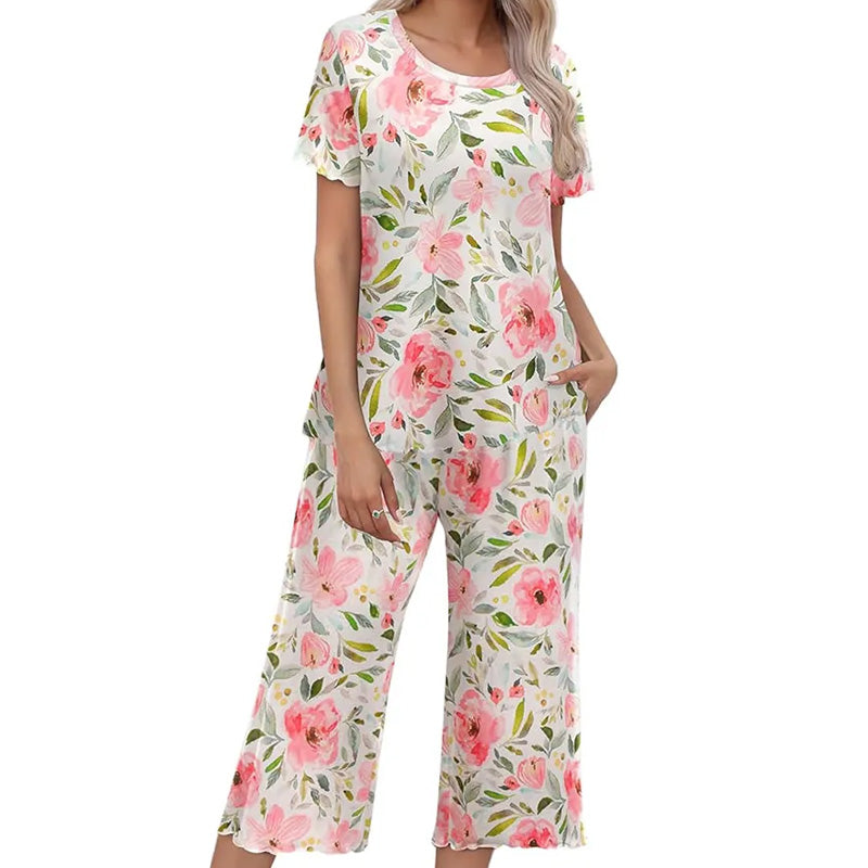 💐Siéntete bien con el esplendor floral: tu día a día, a tu estilo. Conjunto de pijama estampado para mujer con top y pantalón.