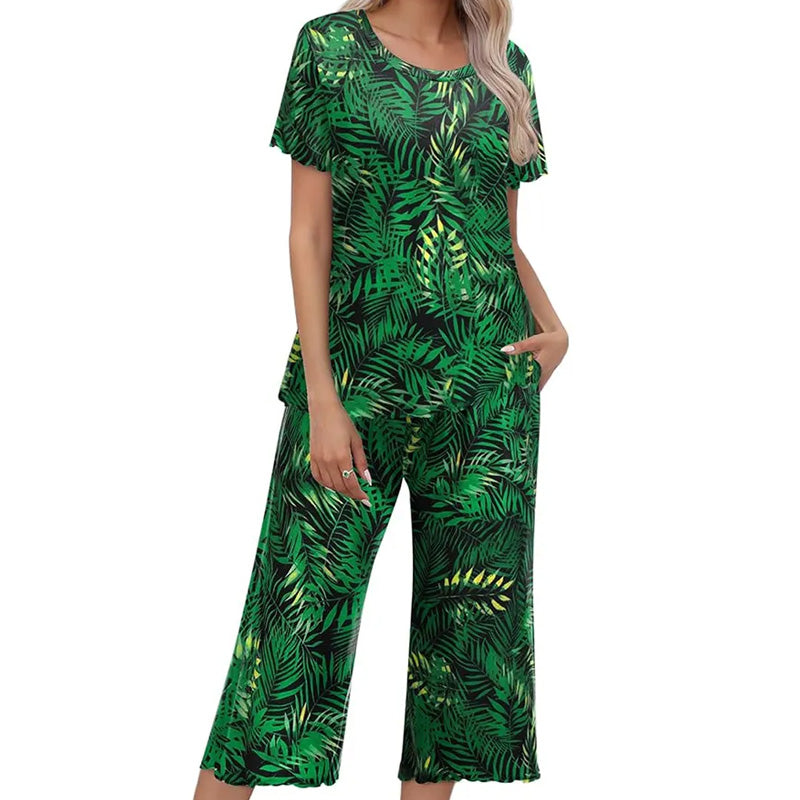 💐Siéntete bien con el esplendor floral: tu día a día, a tu estilo. Conjunto de pijama estampado para mujer con top y pantalón.