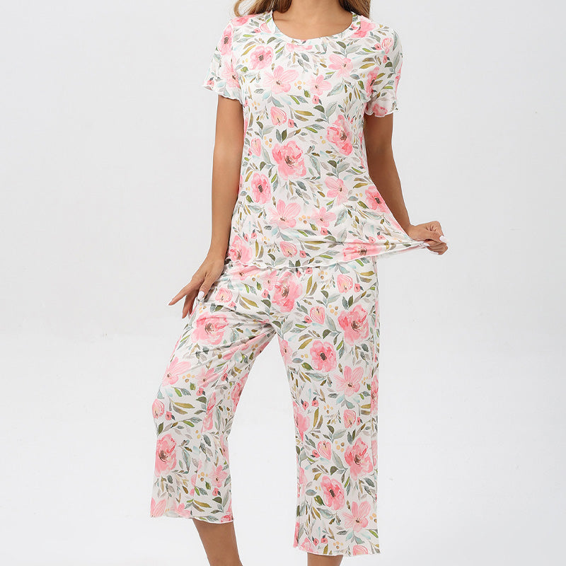 💐Siéntete bien con el esplendor floral: tu día a día, a tu estilo. Conjunto de pijama estampado para mujer con top y pantalón.