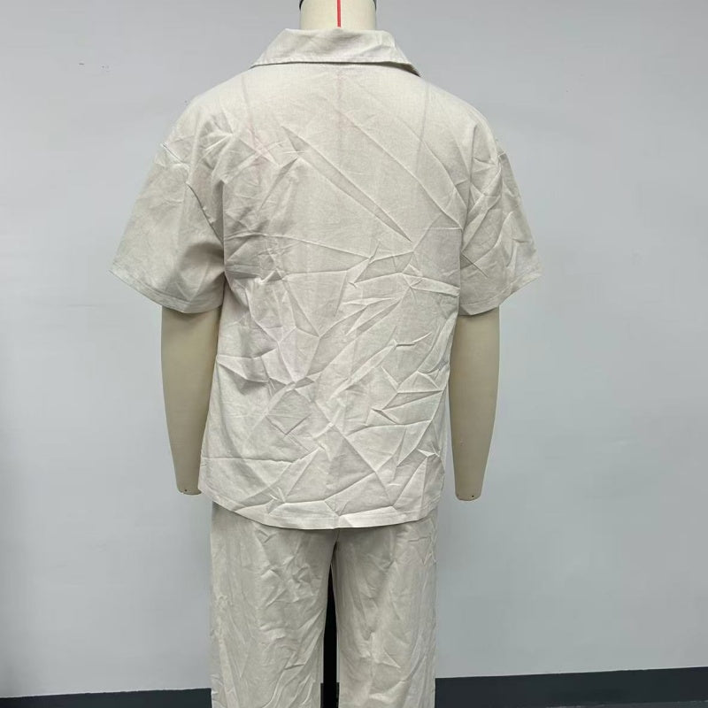☀️Conjunto de camisa de manga corta y pantalón holgado de algodón y lino.🩳