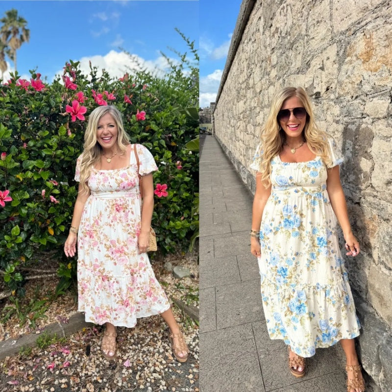 🏖️Zeitlich begrenzter Rabatt🌼Bedrucktes, plissiertes Kurzarmkleid für Damen mit quadratischem Ausschnitt