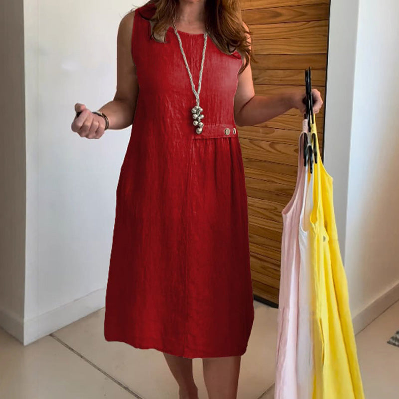 Damas sueltas, vestidos de ocio sin mangas con un escote circular