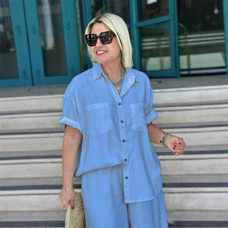 Atmungsaktiver Zweiteiler in Uni-Farbe – Kurzärmlige Hemdbluse mit Kragen & Hose mit weitem Bein