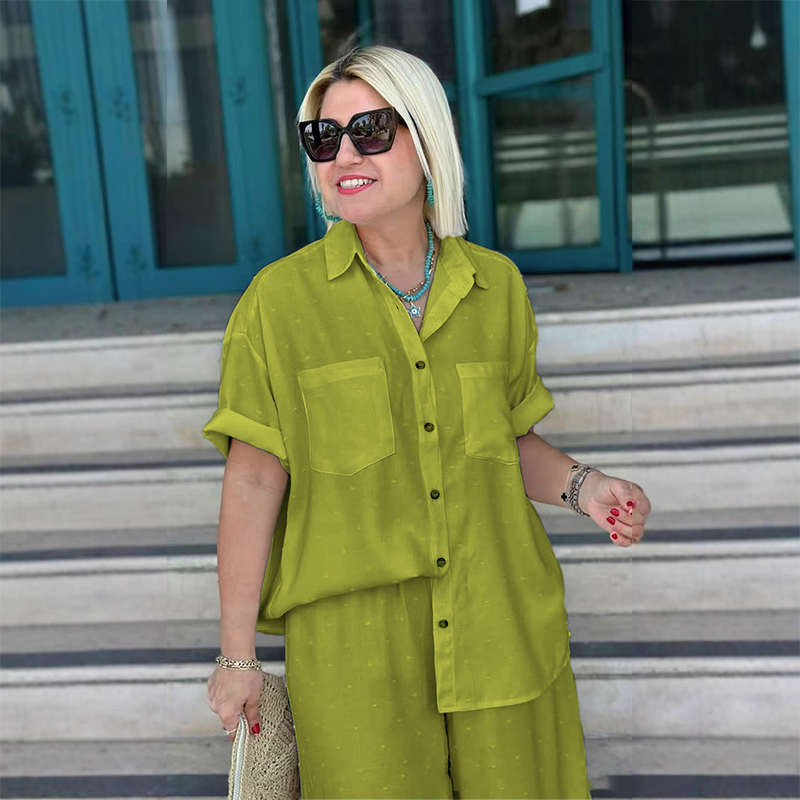Atmungsaktiver Zweiteiler in Uni-Farbe – Kurzärmlige Hemdbluse mit Kragen & Hose mit weitem Bein
