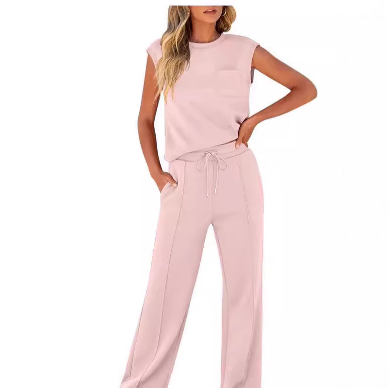😍Conjunto casual de 2 piezas para mujer con top sin mangas y pantalón con cordón.