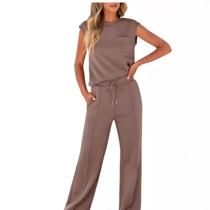 😍Conjunto casual de 2 piezas para mujer con top sin mangas y pantalón con cordón.