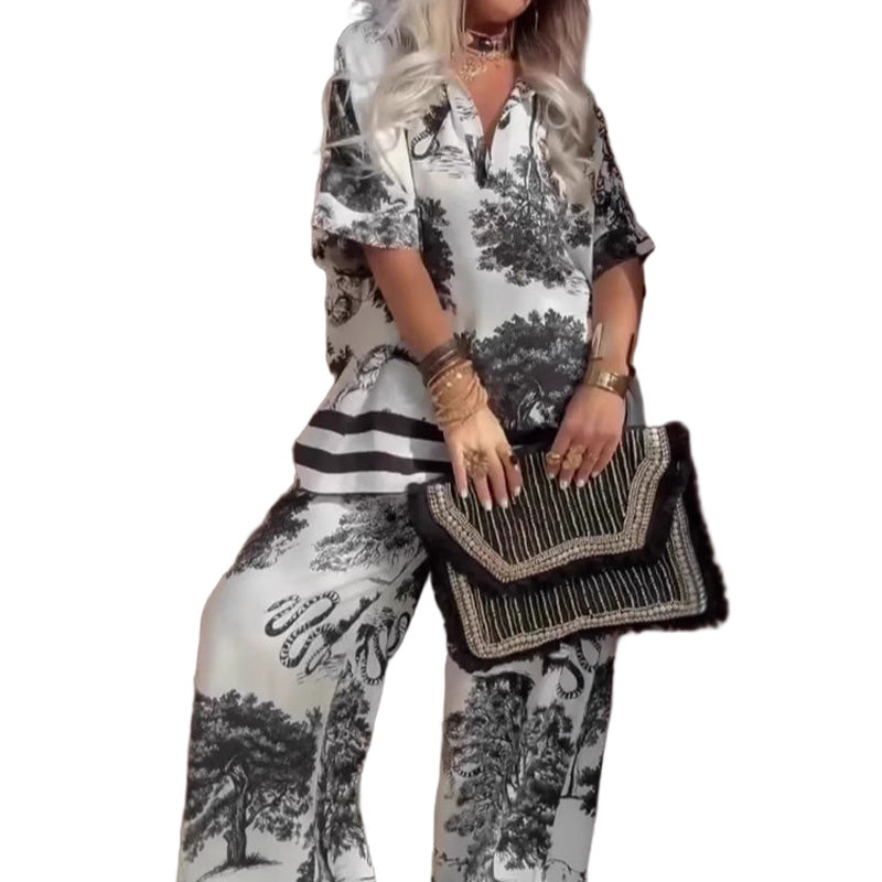 šLetzter Tag: 50% RabattāØDamen-Set mit Print: Top mit V-Ausschnitt & lange Hose