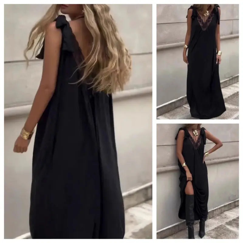 💃Elegantes Spitzen-Maxikleid mit V-Ausschnitt – Ärmellos, 🌸atmungsaktiv & vielseitig für jeden Anlass | Gr. S-3XL | Schwarz