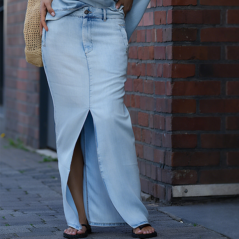 ⏳Begrenzte Zeit 50% Rabatt⏰Damen diagonales Schultertop mit gespaltenem Denim-Maxirock