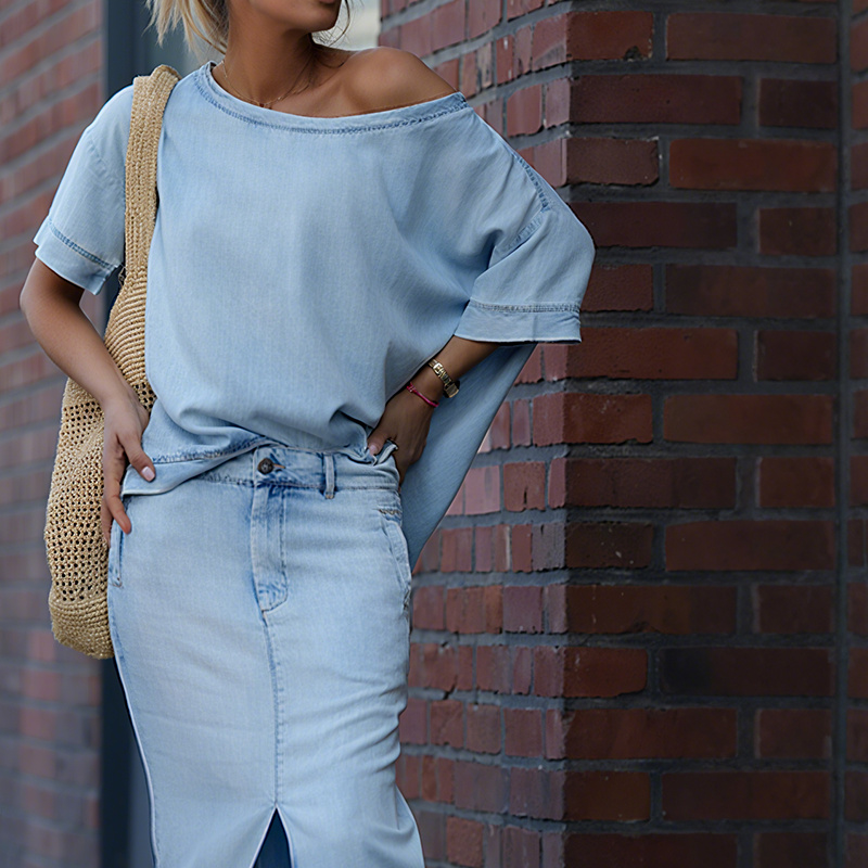 ⏳Begrenzte Zeit 50% Rabatt⏰Damen diagonales Schultertop mit gespaltenem Denim-Maxirock