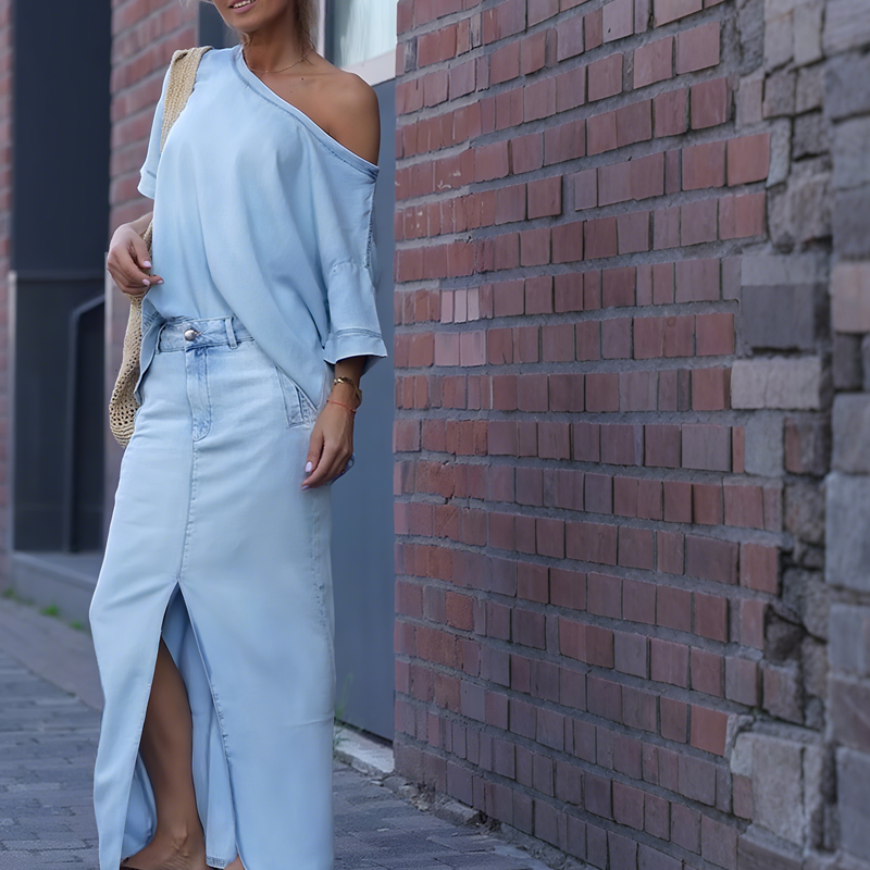 ⏳Begrenzte Zeit 50% Rabatt⏰Damen diagonales Schultertop mit gespaltenem Denim-Maxirock