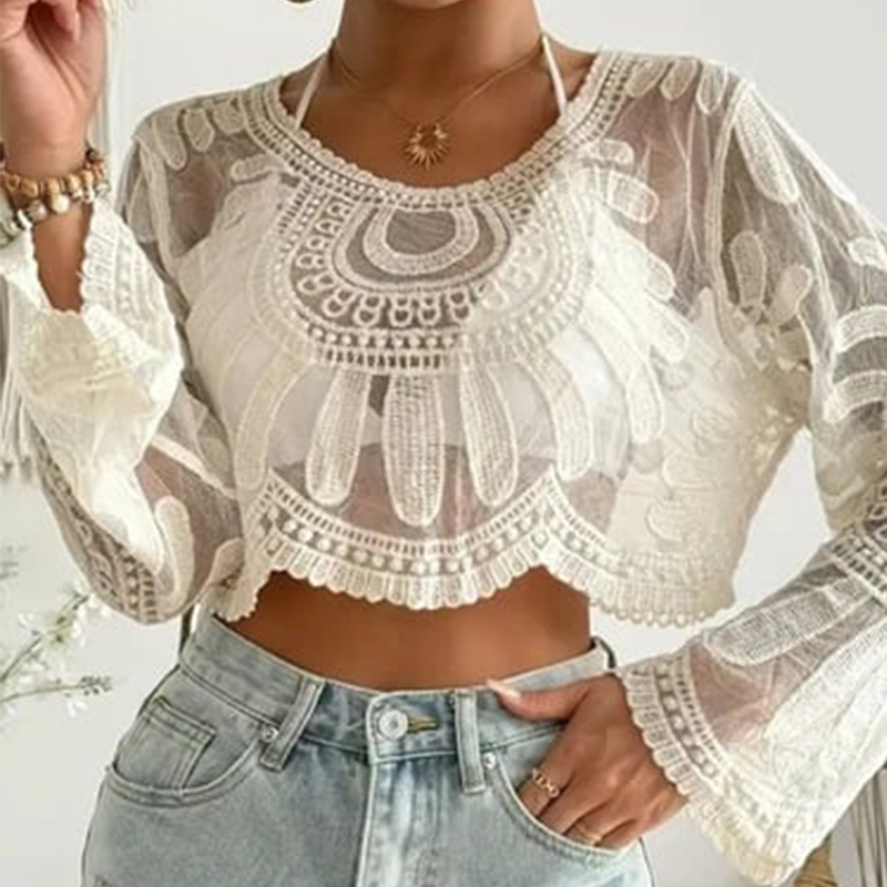 🌺Halbtransparenter Überwurf für Damen mit floraler Stickerei🌊Süßer Langarm-Rundhalsausschnitt | Perfekt für Strandurlaube und Outdoor-Spaß! ☀️