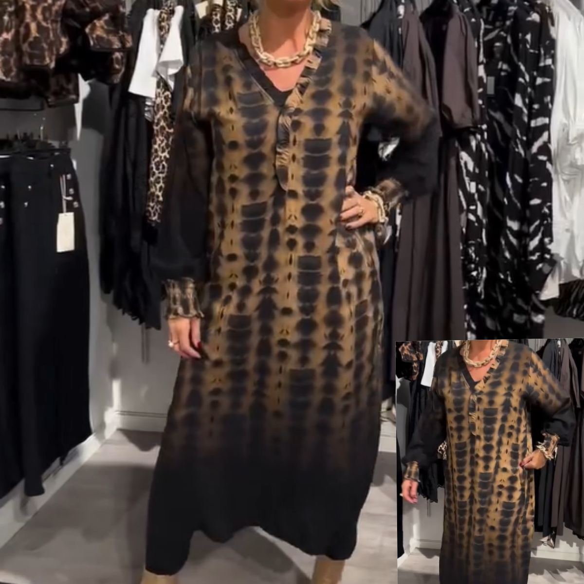 ✨Lockeres, langes Kleid mit V-Ausschnitt und Leopardenmuster für Damen