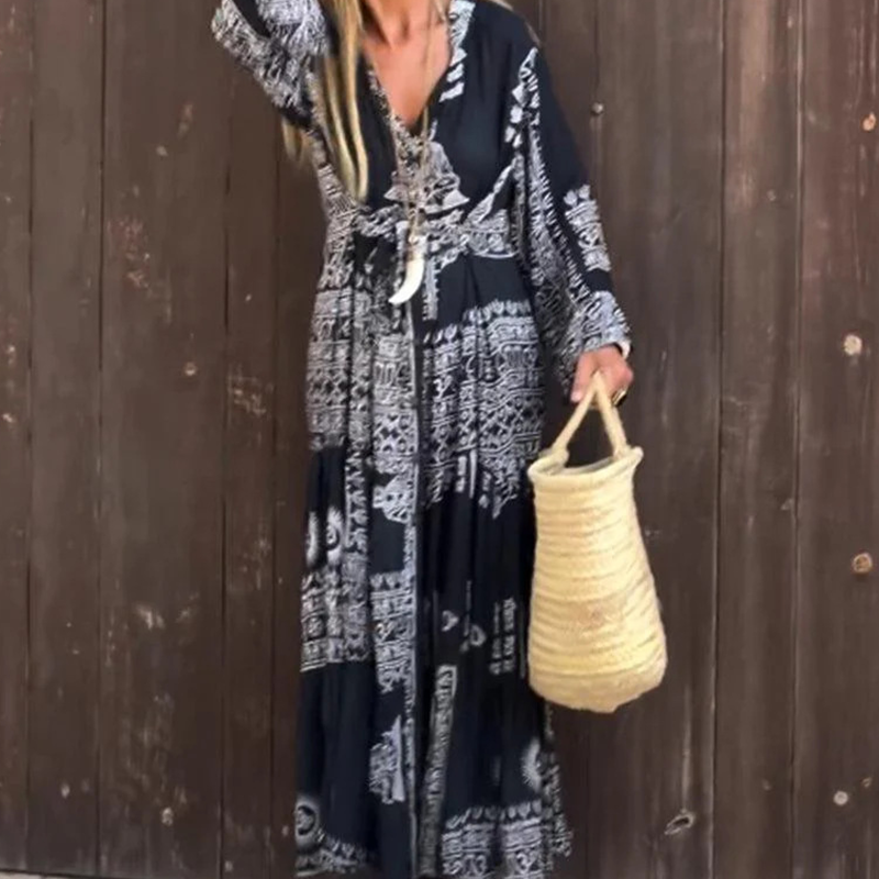 Damen lässiges, bedrucktes und fließendes Kleid mit V-Ausschnitt