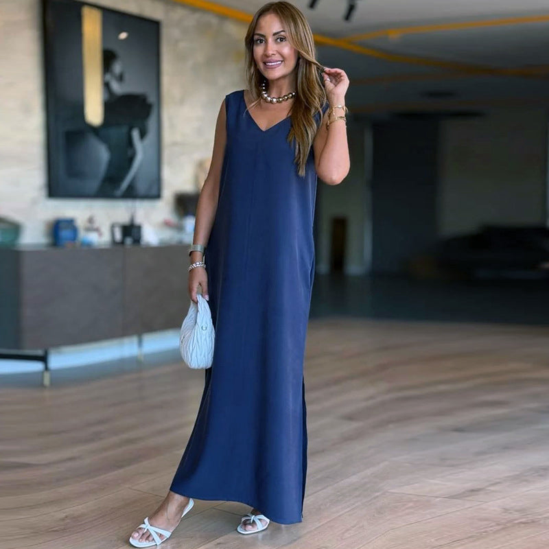 V-Neck Solid Color Sleeveless Dress