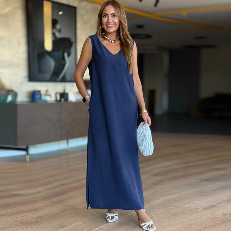 V-Neck Solid Color Sleeveless Dress