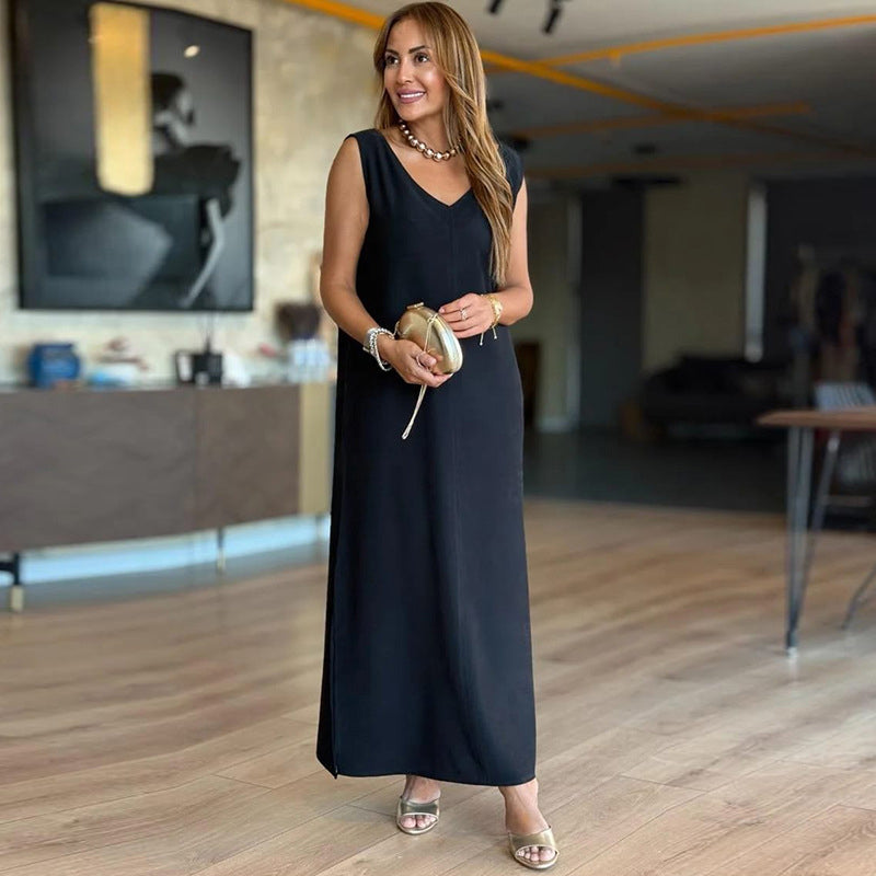 V-Neck Solid Color Sleeveless Dress