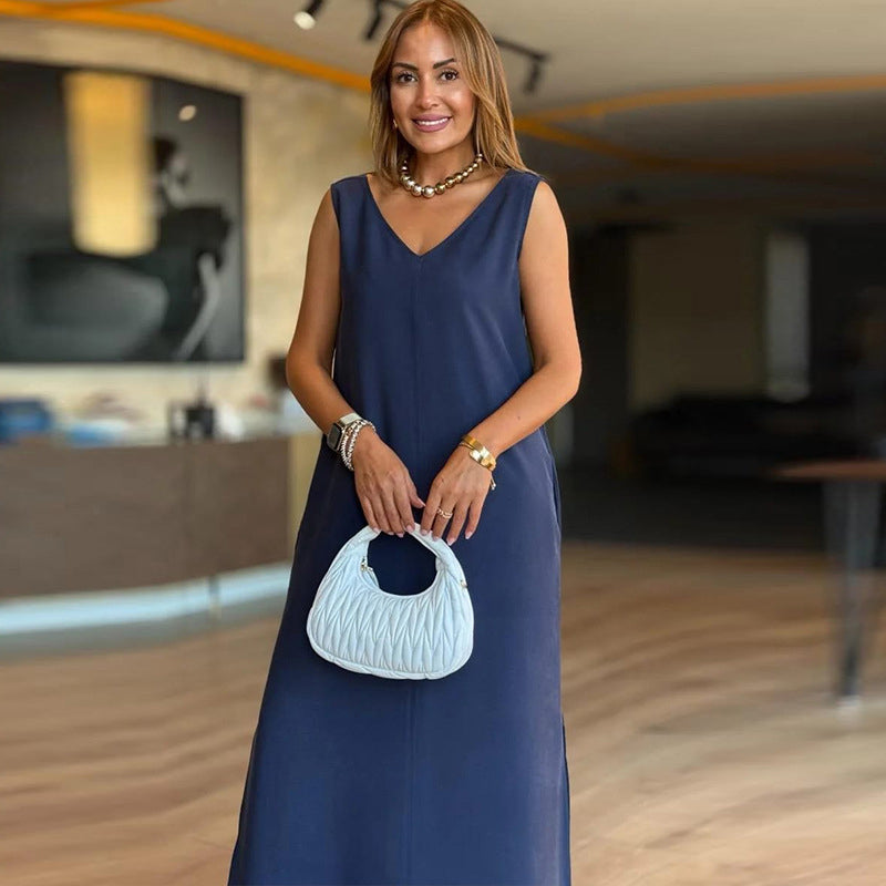 V-Neck Solid Color Sleeveless Dress