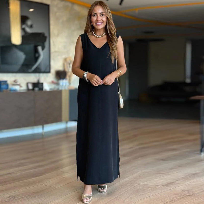 V-Neck Solid Color Sleeveless Dress