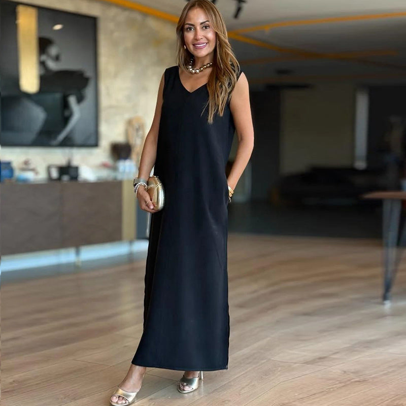 V-Neck Solid Color Sleeveless Dress