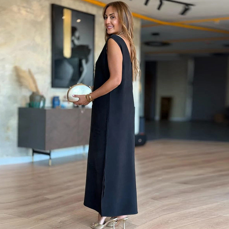 V-Neck Solid Color Sleeveless Dress