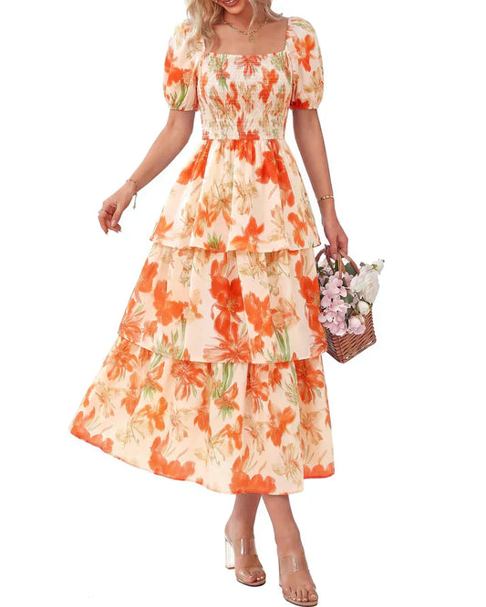 💃Damen Blumenkleid mit eckigem Ausschnitt & Puffärmeln 🌸