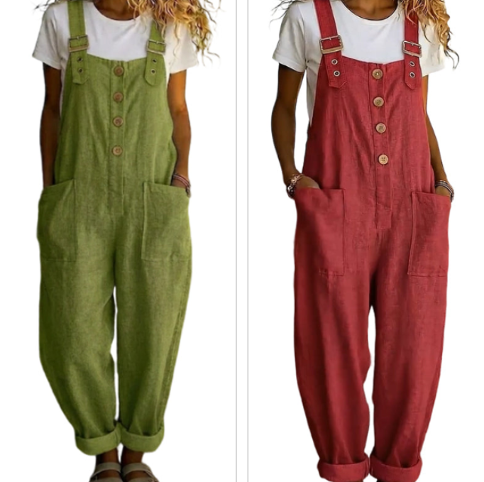 🌿 Lässige Damen-Latzhose mit Knopfleiste – Verstellbare Träger, atmungsaktives Material & bequeme Passform ✨