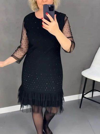 💖Räumungsverkauf 💖🔥Damenkleid mit Rundhalsausschnitt und einfarbigem Strass