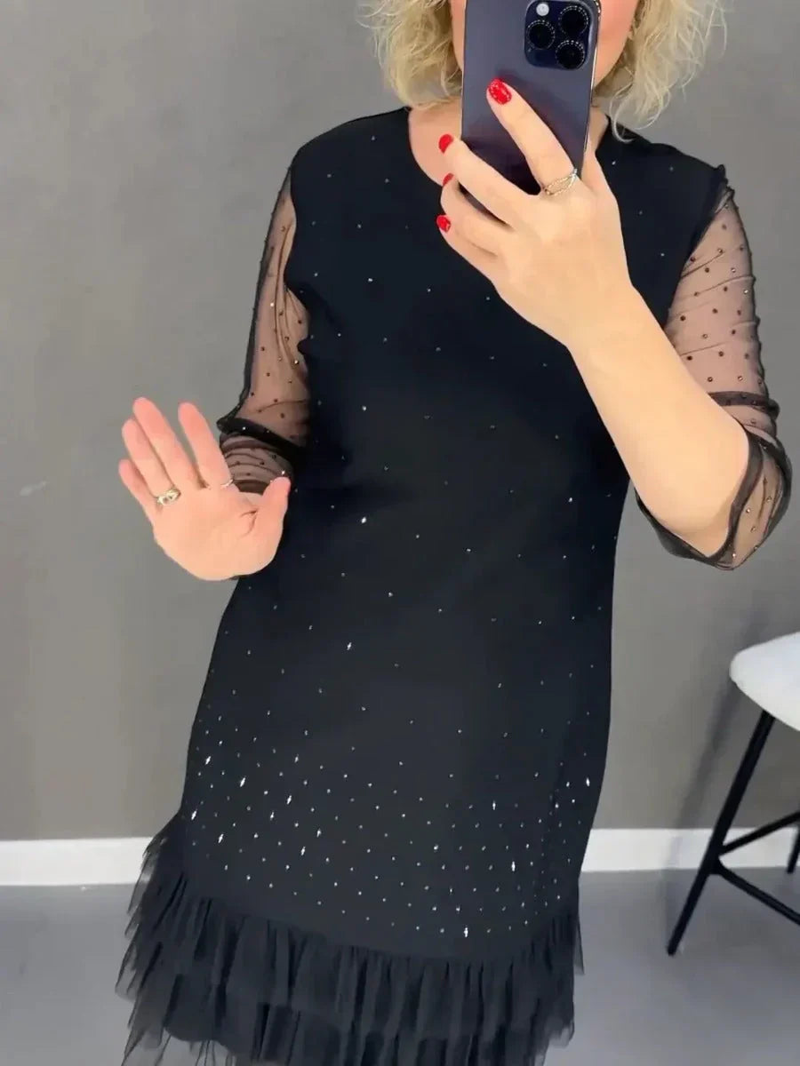 💖Räumungsverkauf 💖🔥Damenkleid mit Rundhalsausschnitt und einfarbigem Strass