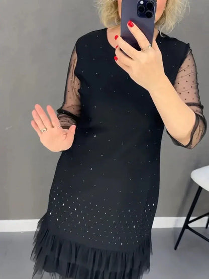 💖Räumungsverkauf 💖🔥Damenkleid mit Rundhalsausschnitt und einfarbigem Strass