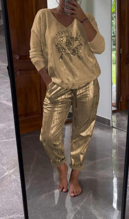 ✨ 2-teiliges Damen-Set: Goldfolien-Oberteil mit Devil's Eye Design & Pailletten-Hosen ✨