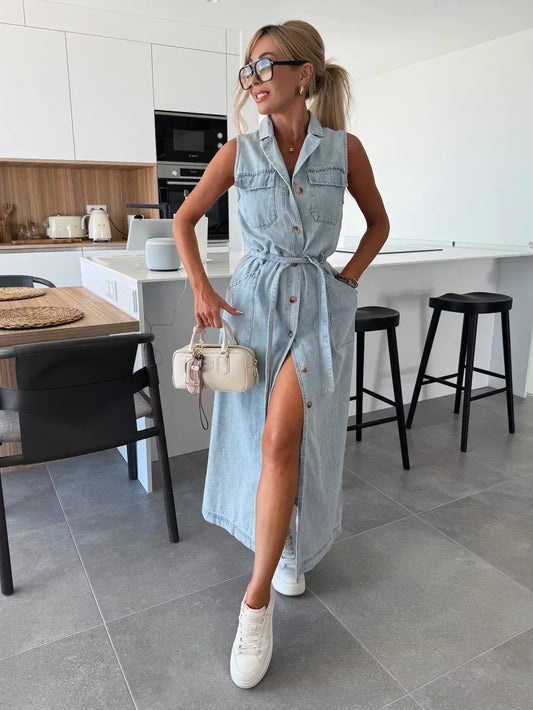 🔥NUEVA VENTA 2025 49% DE DESCUENTO💥Vestido vaquero liso con bolsillo con botones