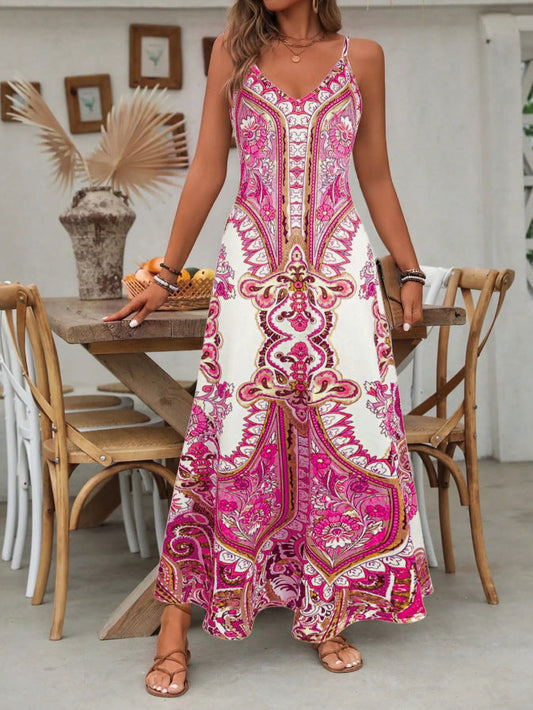 ⌛🔥Limited Edition 2026🎁 Retro-Print V-Ausschnitt Trägerloses Maxikleid für Damen