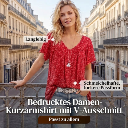 🌞Frühlingserwachen: 50% Rabatt!🌸Damen Kurzarmbluse mit Frühlingsblumenprint: V-Ausschnitt & lockere Passform – Atmungsaktiv, knitterfrei & figurschmeichelnd für Frühling & Sommer