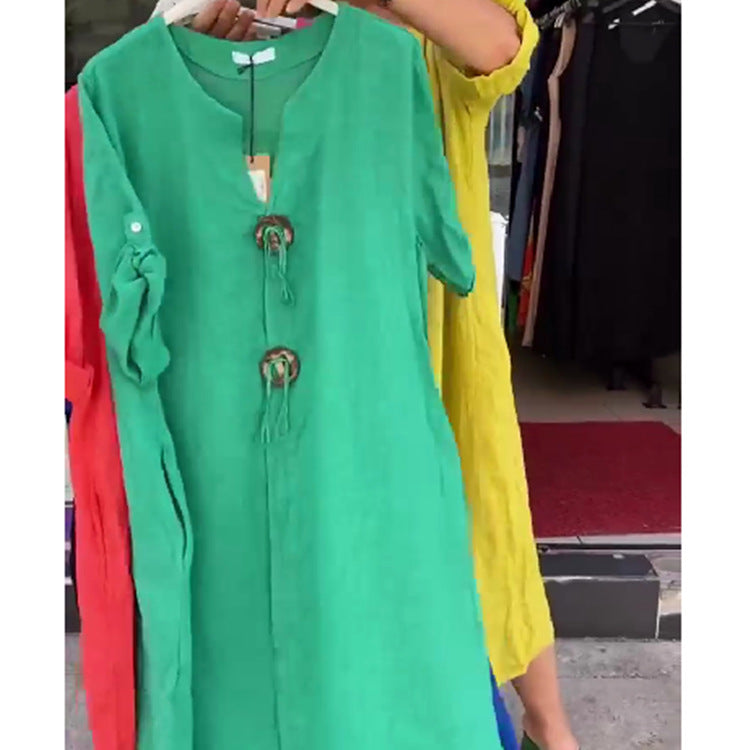 👗50% de descuento✨Vestido casual de cuello en V en algodón y lino